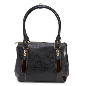 MARINO ORLANDI Black Made In Italy Leather Flowery Tooled Satchel